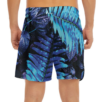 Blue Tropical Leaves Print Men's Split Running Shorts