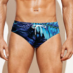 Blue Tropical Leaves Print Men's Swim Briefs