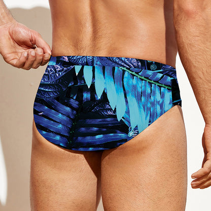 Blue Tropical Leaves Print Men's Swim Briefs