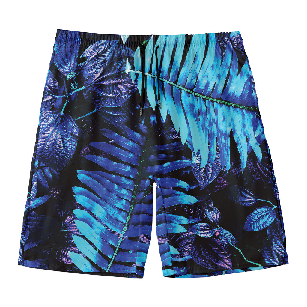 Blue Tropical Leaves Print Men's Swim Trunks