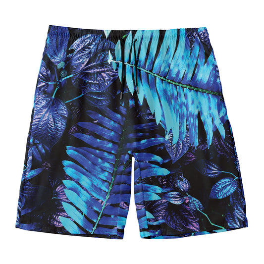 Blue Tropical Leaves Print Men's Swim Trunks