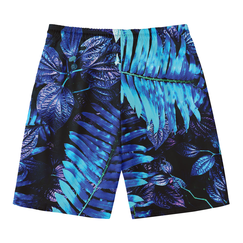 Blue Tropical Leaves Print Men's Swim Trunks
