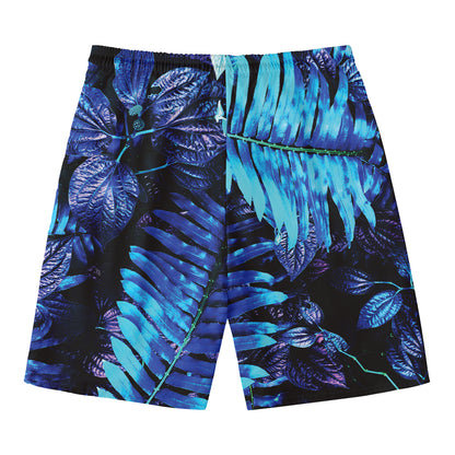 Blue Tropical Leaves Print Men's Swim Trunks