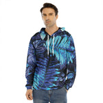 Blue Tropical Leaves Print Men's Velvet Pullover Hoodie