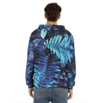 Blue Tropical Leaves Print Men's Velvet Pullover Hoodie