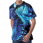 Blue Tropical Leaves Print Men's Velvet T-Shirt