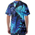 Blue Tropical Leaves Print Men's Velvet T-Shirt