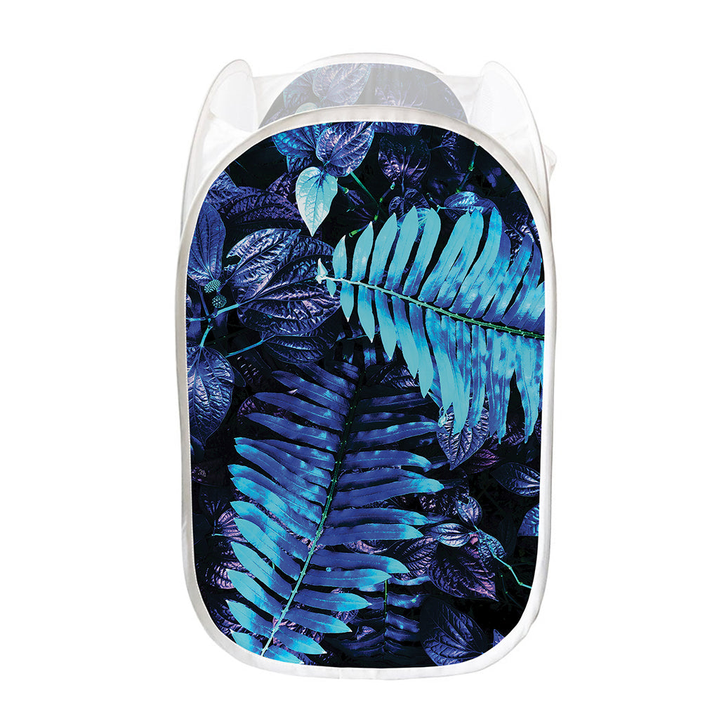 Blue Tropical Leaves Print Mesh Laundry Hamper