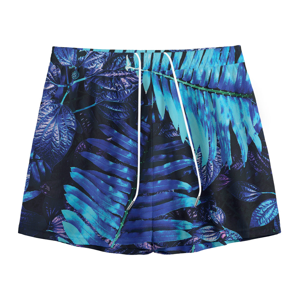 Blue Tropical Leaves Print Mesh Shorts