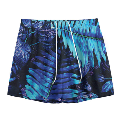 Blue Tropical Leaves Print Mesh Shorts
