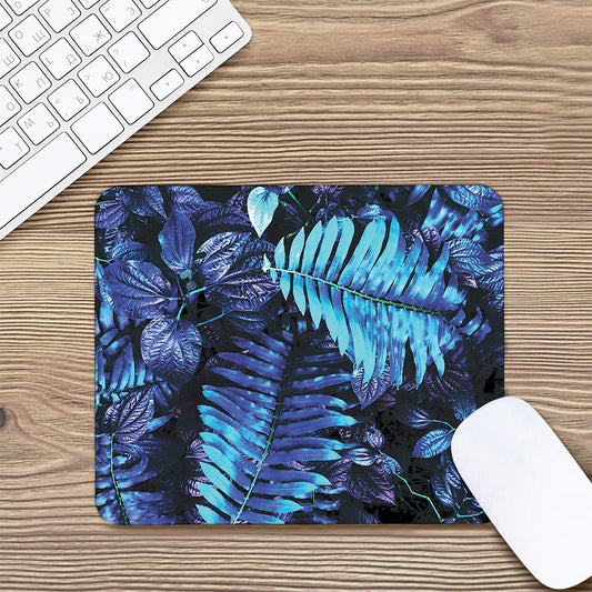 Blue Tropical Leaves Print Mouse Pad