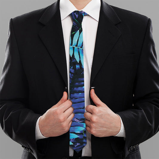 Blue Tropical Leaves Print Necktie