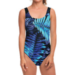 Blue Tropical Leaves Print One Piece Swimsuit