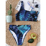 Blue Tropical Leaves Print One Shoulder Bikini Top