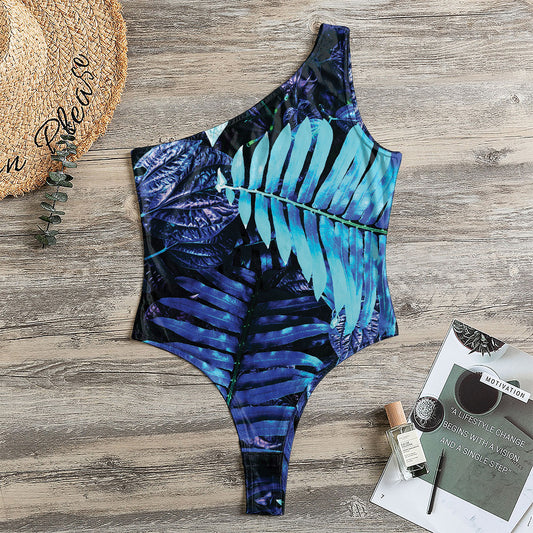 Blue Tropical Leaves Print One Shoulder Bodysuit