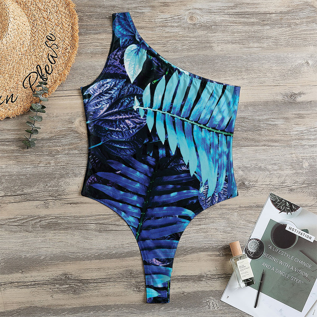 Blue Tropical Leaves Print One Shoulder Bodysuit