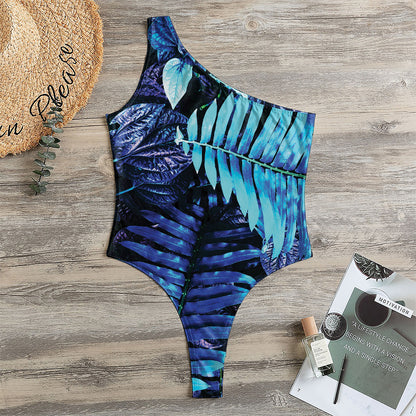 Blue Tropical Leaves Print One Shoulder Bodysuit