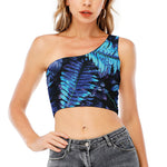 Blue Tropical Leaves Print One Shoulder Crop Top