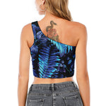 Blue Tropical Leaves Print One Shoulder Crop Top