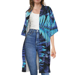 Blue Tropical Leaves Print Open Front Beach Cover Up