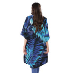 Blue Tropical Leaves Print Open Front Beach Cover Up