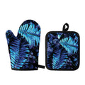 Blue Tropical Leaves Print Oven Mitt And Pot Holder Set