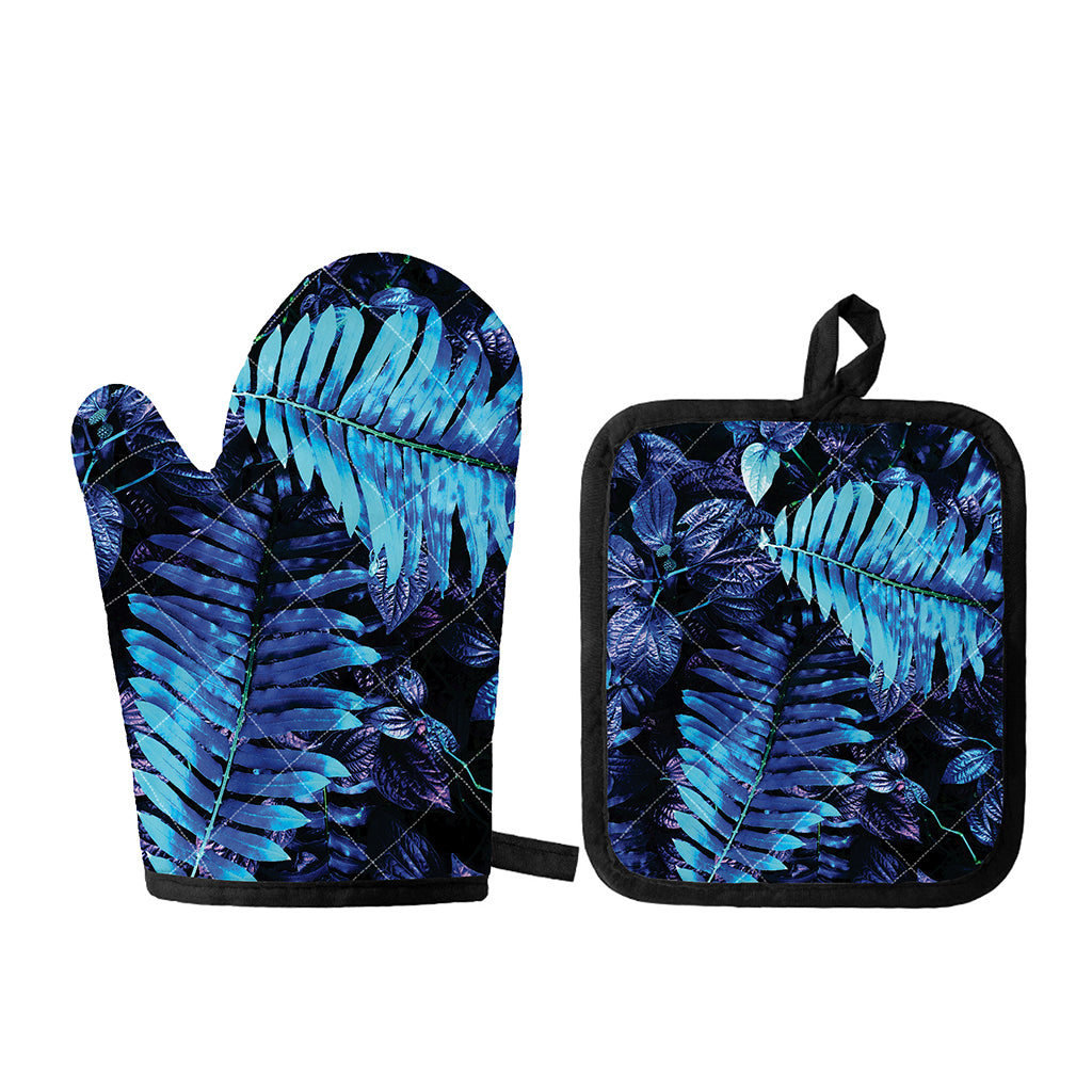 Blue Tropical Leaves Print Oven Mitt And Pot Holder Set