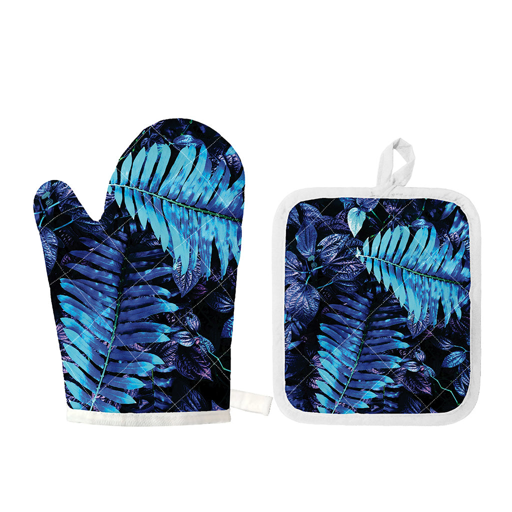 Blue Tropical Leaves Print Oven Mitt And Pot Holder Set