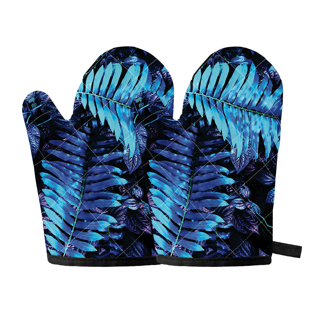 Blue Tropical Leaves Print Oven Mitts