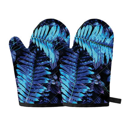Blue Tropical Leaves Print Oven Mitts