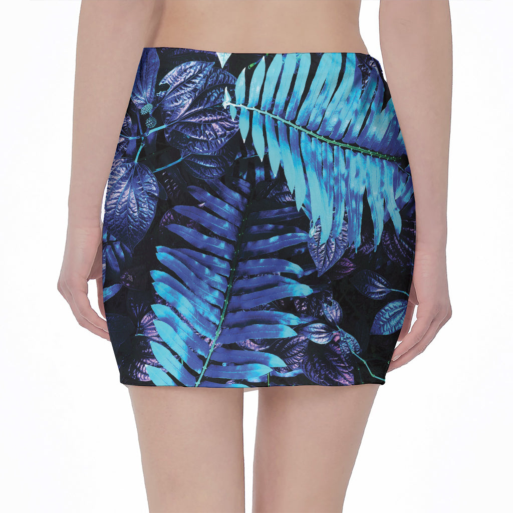 Blue Tropical Leaves Print Pencil Mini Skirt
