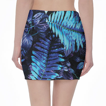 Blue Tropical Leaves Print Pencil Mini Skirt