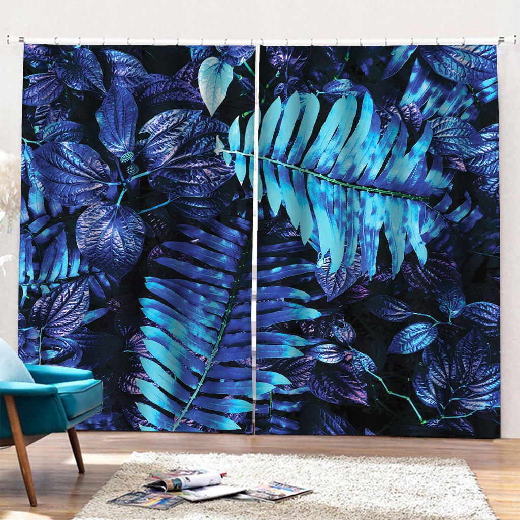 Blue Tropical Leaves Print Pencil Pleat Curtains