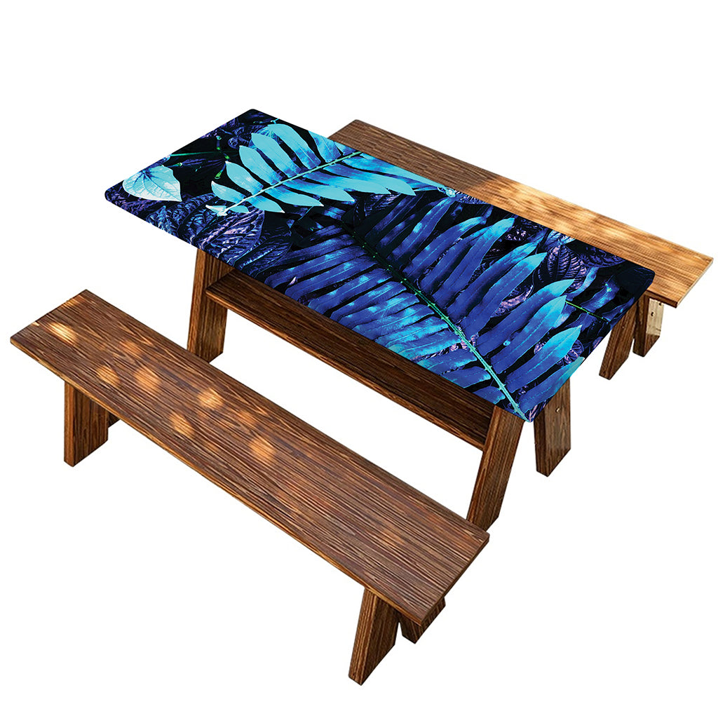 Blue Tropical Leaves Print Picnic Table Cover