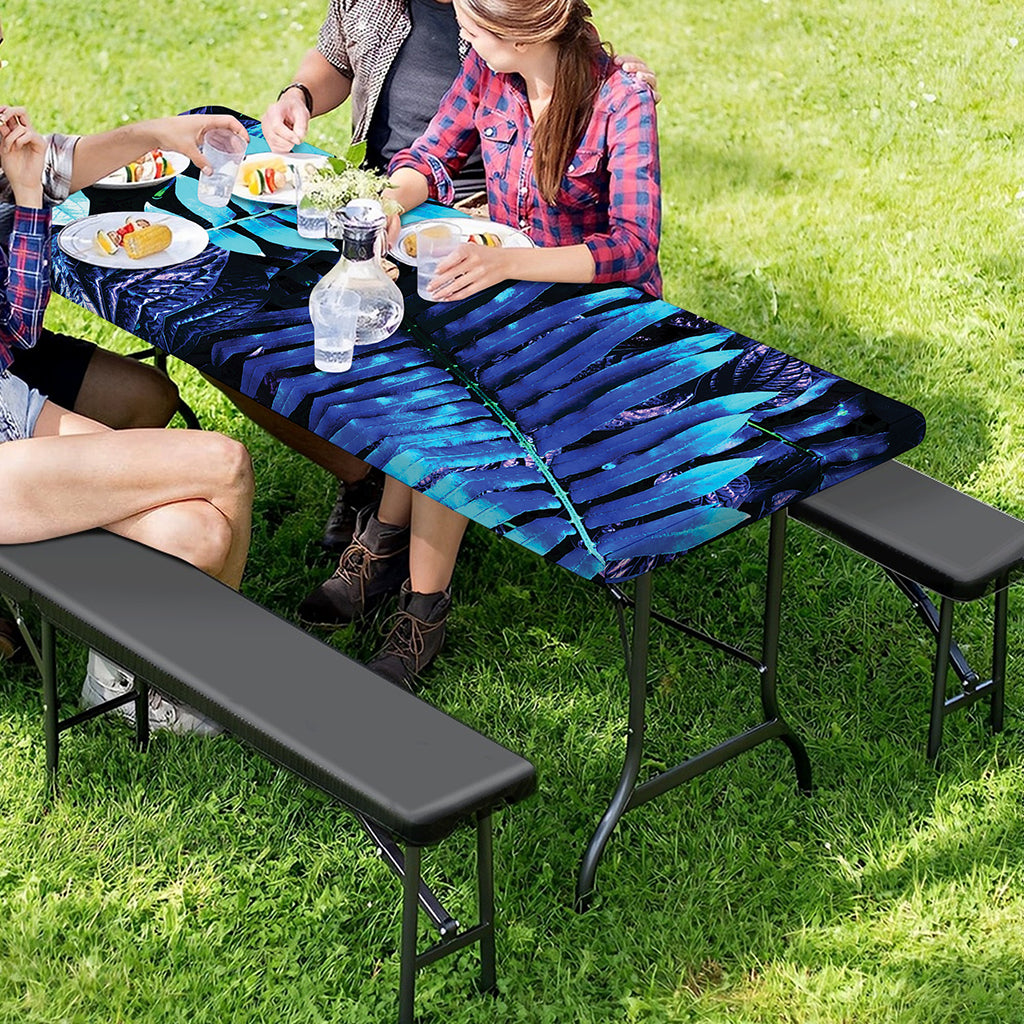 Blue Tropical Leaves Print Picnic Table Cover