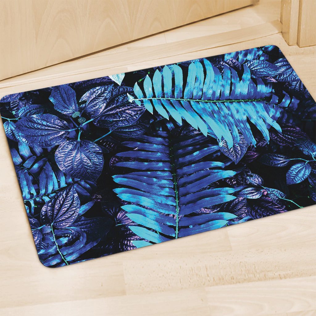 Blue Tropical Leaves Print Polyester Doormat