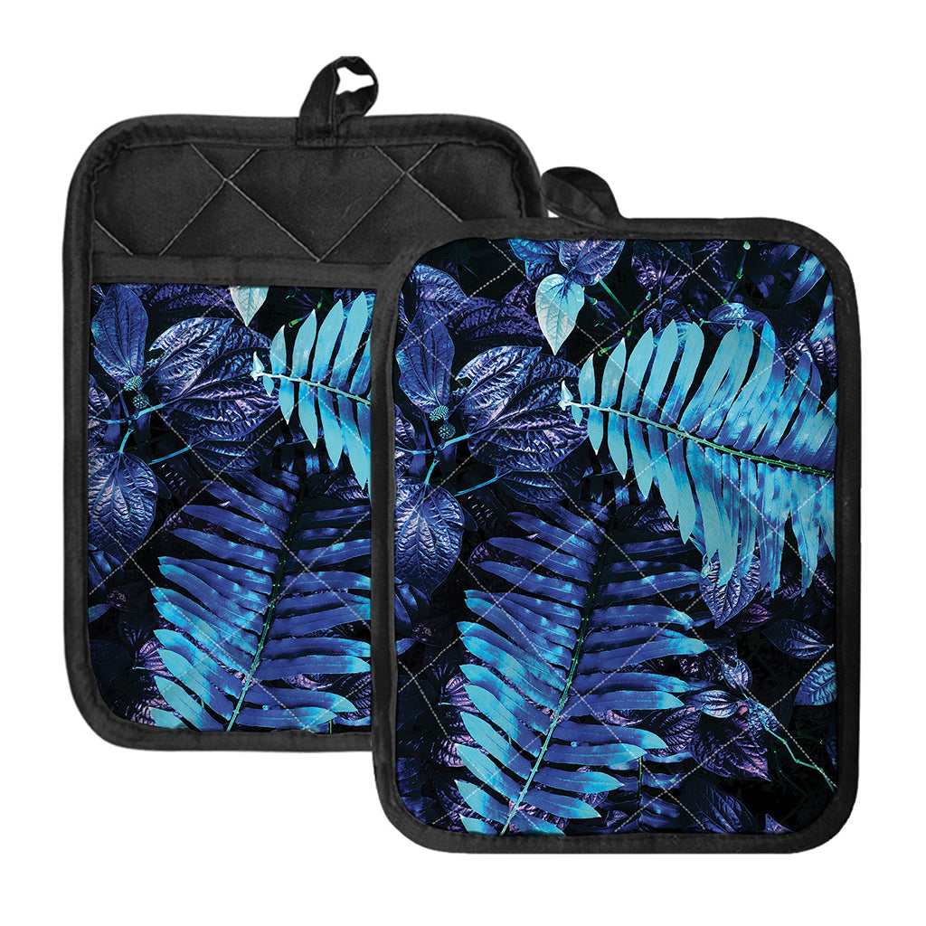 Blue Tropical Leaves Print Pot Holders With Pocket
