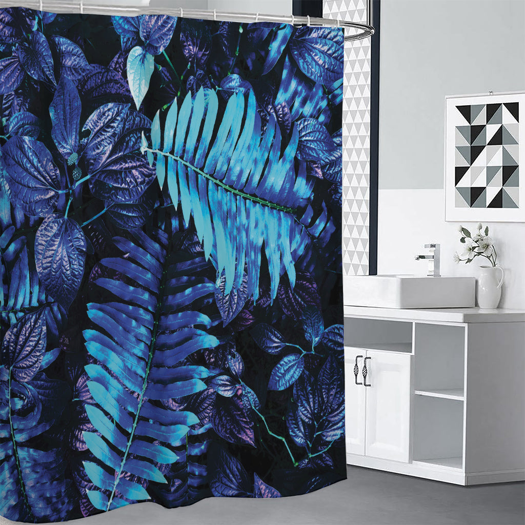 Blue Tropical Leaves Print Premium Shower Curtain