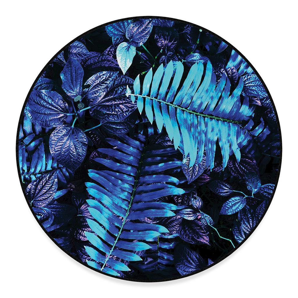 Blue Tropical Leaves Print Round Floor Mat