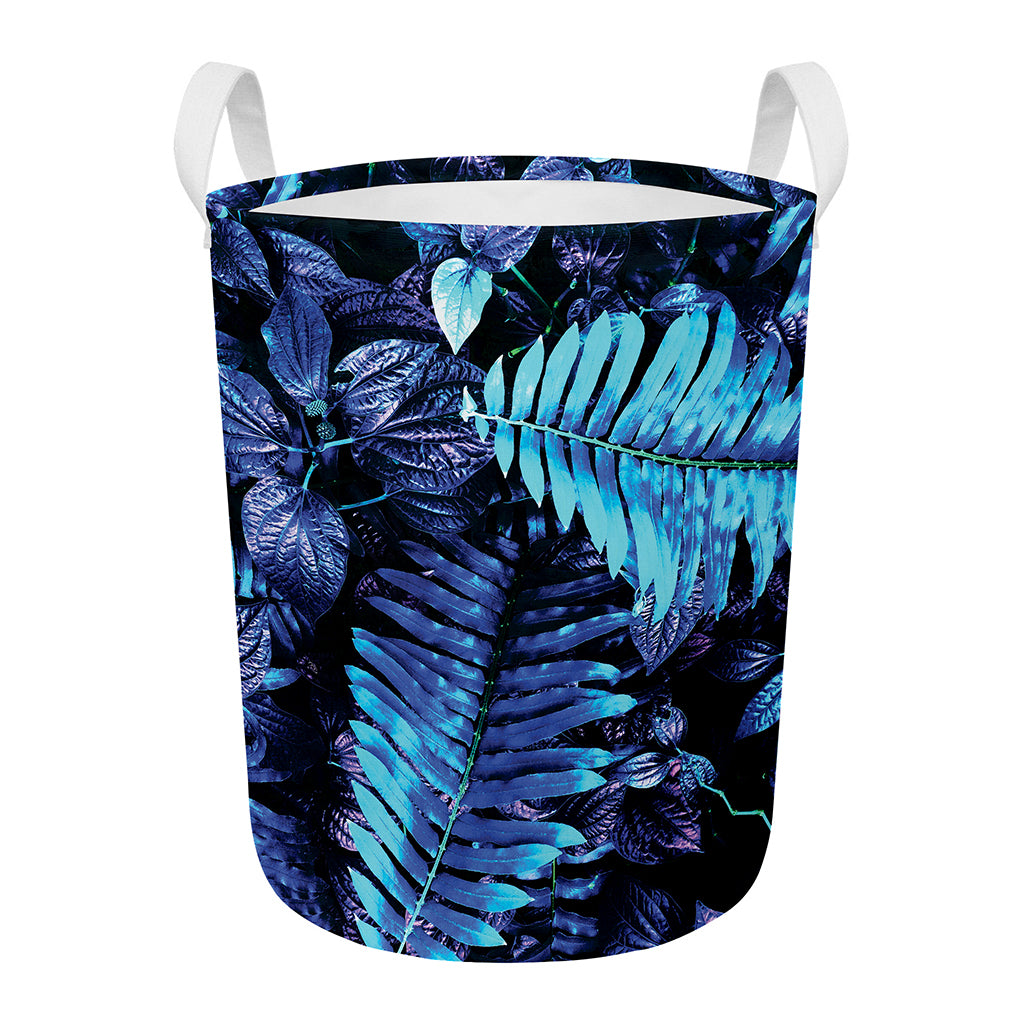 Blue Tropical Leaves Print Round Laundry Basket
