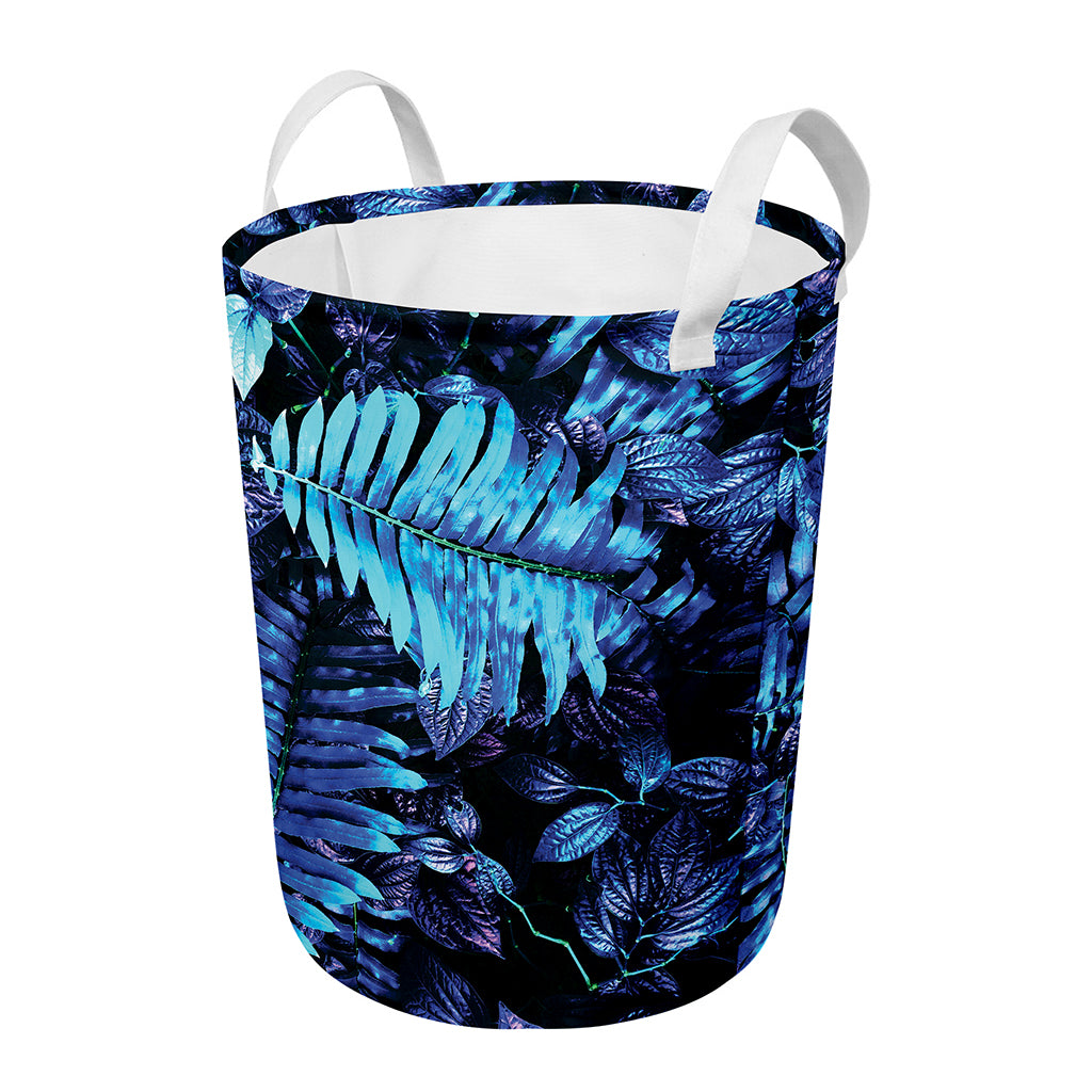 Blue Tropical Leaves Print Round Laundry Basket