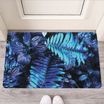 Blue Tropical Leaves Print Rubber Doormat