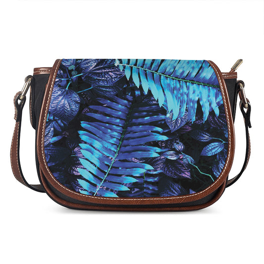 Blue Tropical Leaves Print Saddle Bag