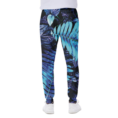 Blue Tropical Leaves Print Scuba Joggers