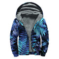 Blue Tropical Leaves Print Sherpa Lined Zip Up Hoodie