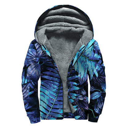Blue Tropical Leaves Print Sherpa Lined Zip Up Hoodie