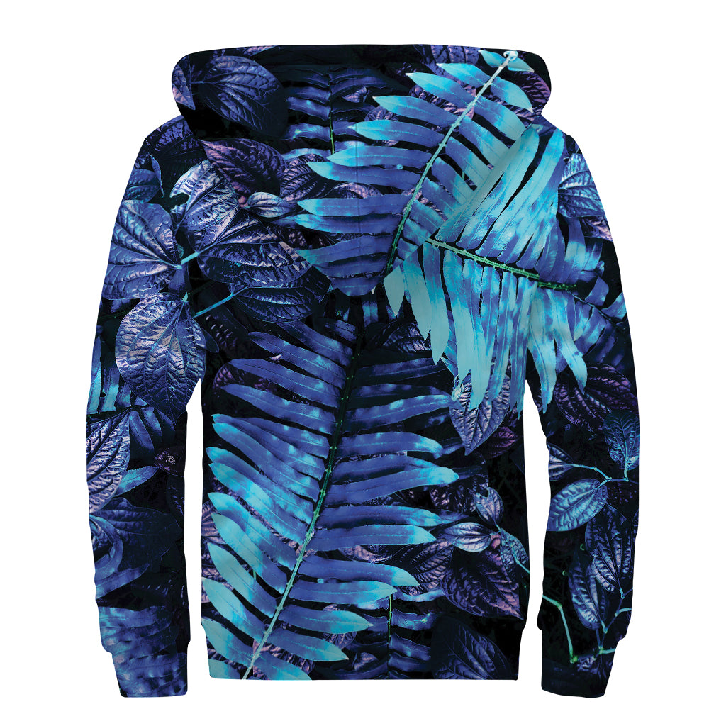 Blue Tropical Leaves Print Sherpa Lined Zip Up Hoodie