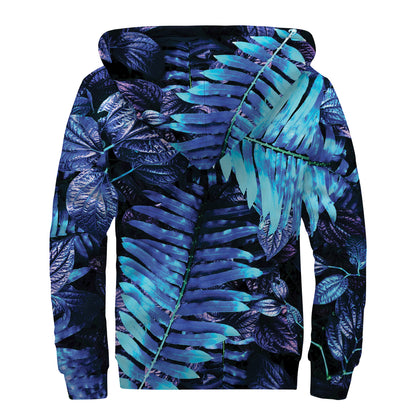Blue Tropical Leaves Print Sherpa Lined Zip Up Hoodie