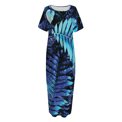 Blue Tropical Leaves Print Short Sleeve Long Nightdress