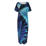 Blue Tropical Leaves Print Short Sleeve Long Nightdress
